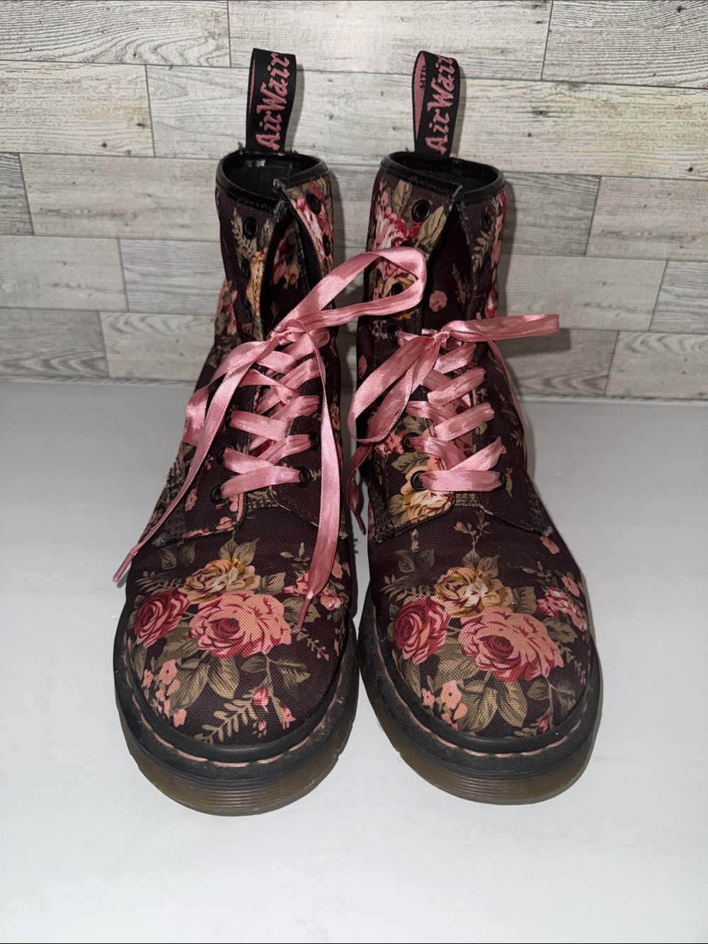 Floral Lace-Up Combat Boots - Pink Floral